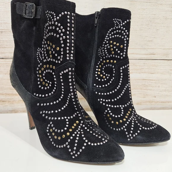 Aldo Jodetha Black Suede Ankle Bootie Heeled Boots 8.5 Silver Blonze Studs - Picture 3 of 12